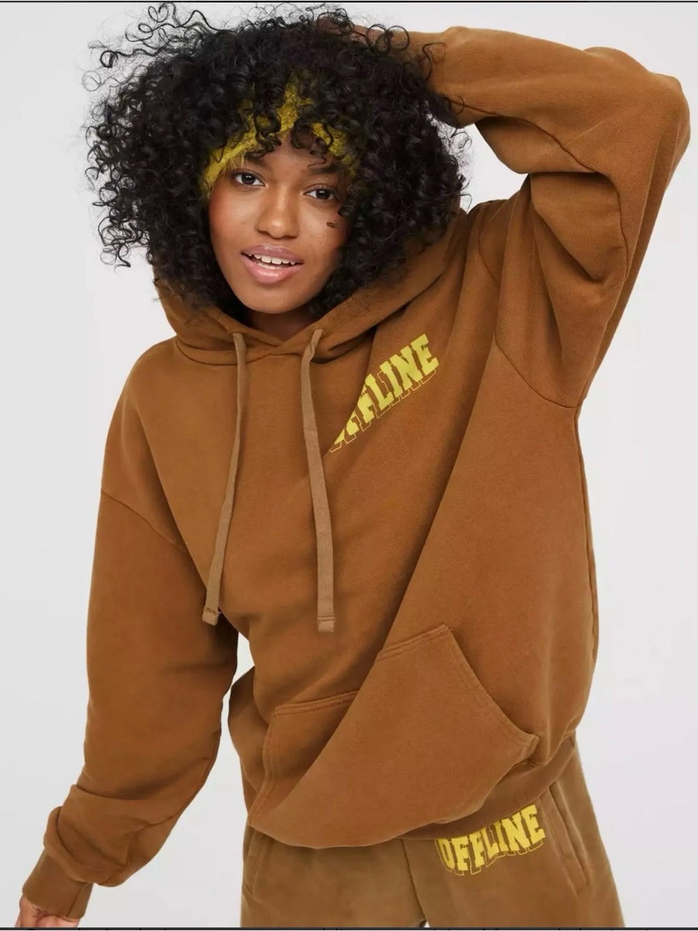 OFFLINE by Aerie Oversized Mustard Brown Kangaroo Pocket Hoodie Size M Neon Logo